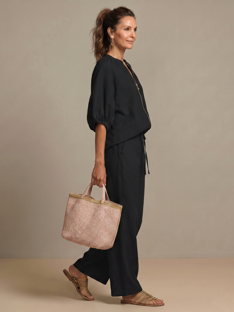 Natalia | Top Blouson avec Zip et Pantalon à Jambe Large