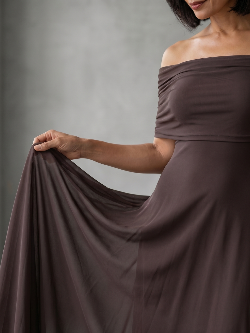 June | Robe Midi Drapée Épaules Dénudées