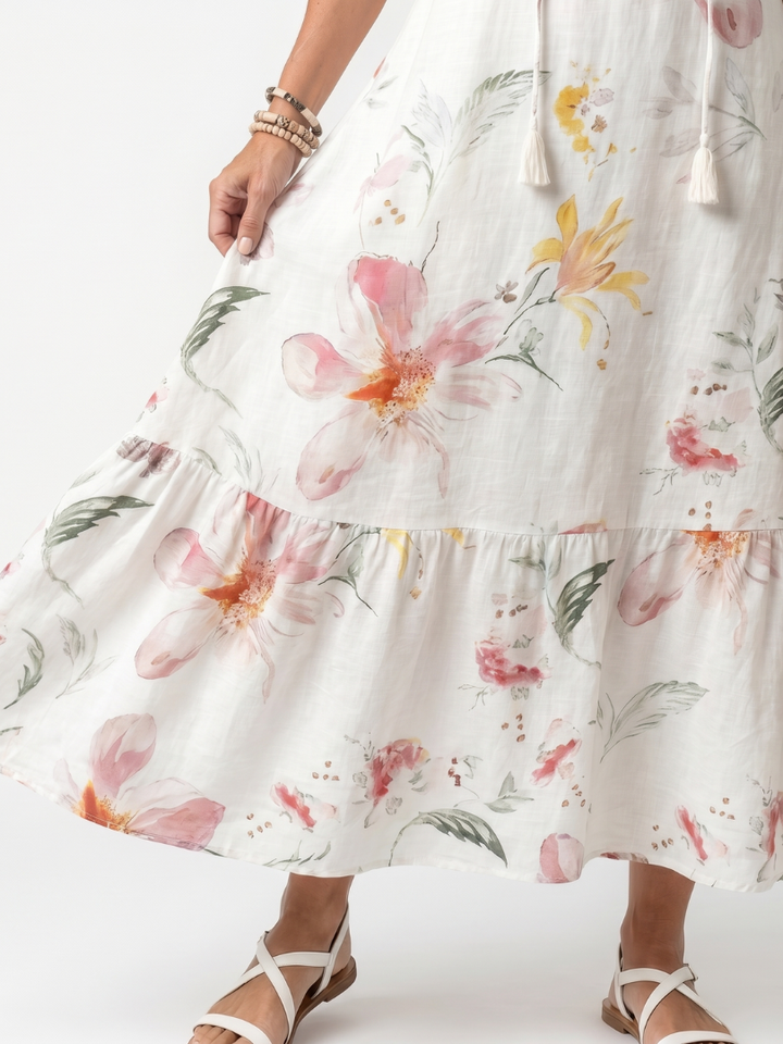 Noa | Robe Midi à Étages et Pompons Imprimé Floral Doux