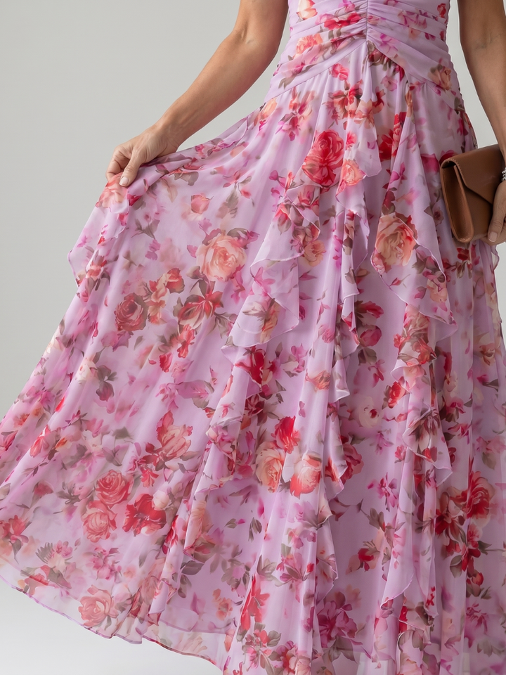 Nori | Robe Maxi Florale Corsage Froncé Encolure Halter