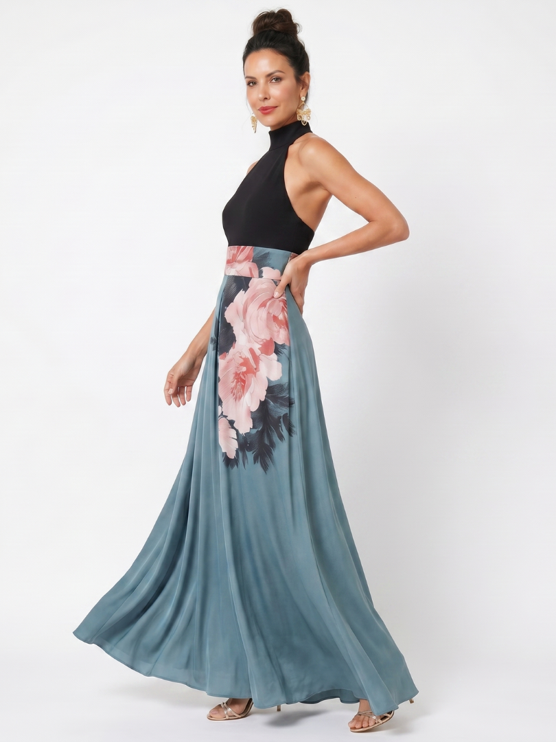 Olympus | Robe Maxi Halter Corsage Ajusté Jupe Florale