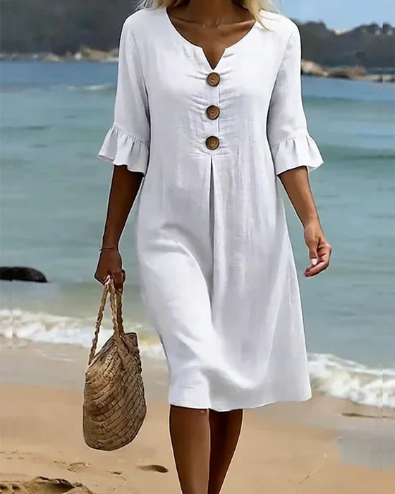 Vanesa™ | Robe en lin texturé à manches bouffantes et boutons