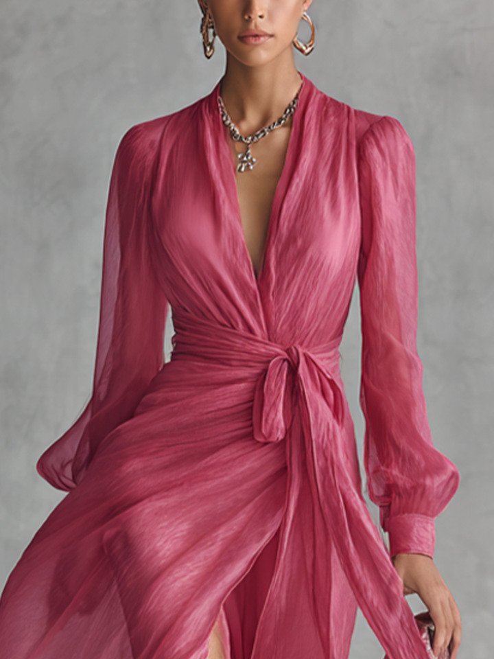 Noemi - Robe Longue en Mousseline Perlée à Décolleté en V