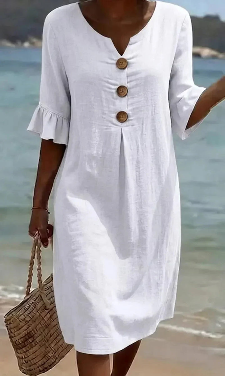 Vanesa™ | Robe en lin texturé à manches bouffantes et boutons