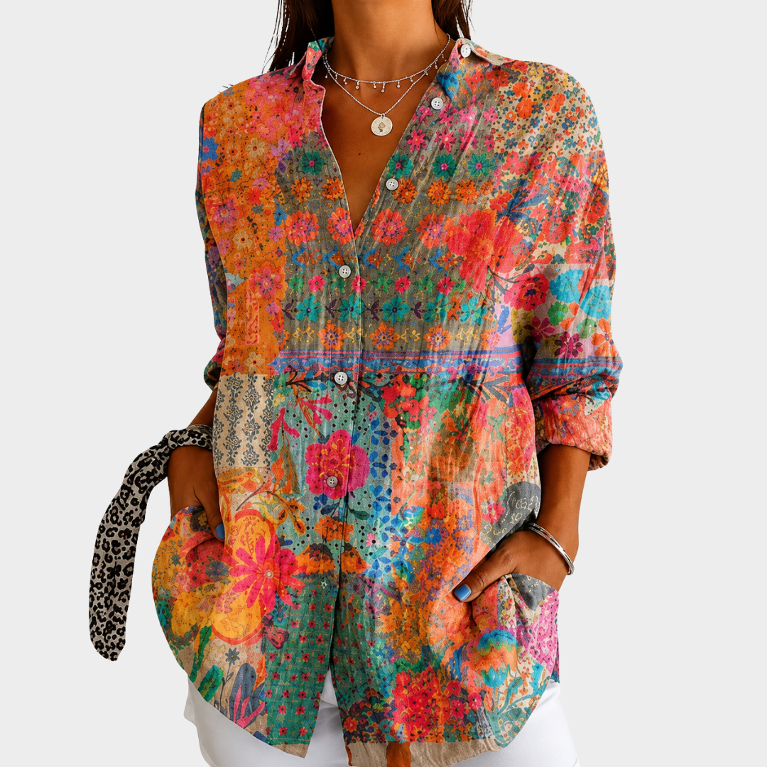 Blouse Boutonnée Patchwork Fleurs des Champs Ensoleillées