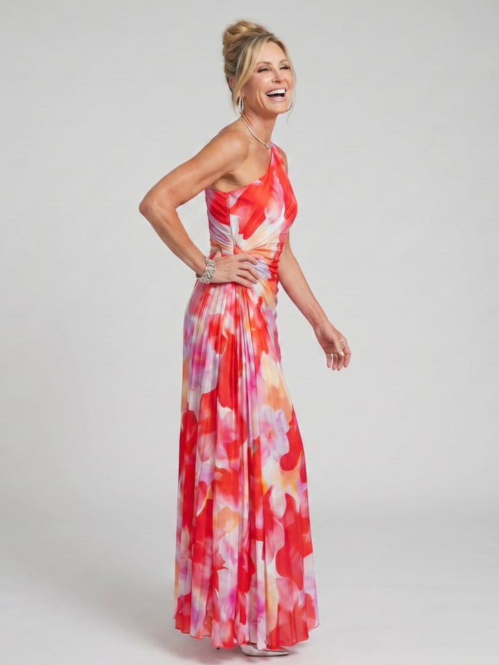 Taya | Robe Midi Une Épaule Corsage Plissé