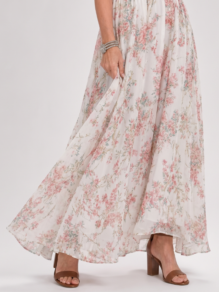Guinevere | Robe Midi Halter à Jupe Florale Fluide