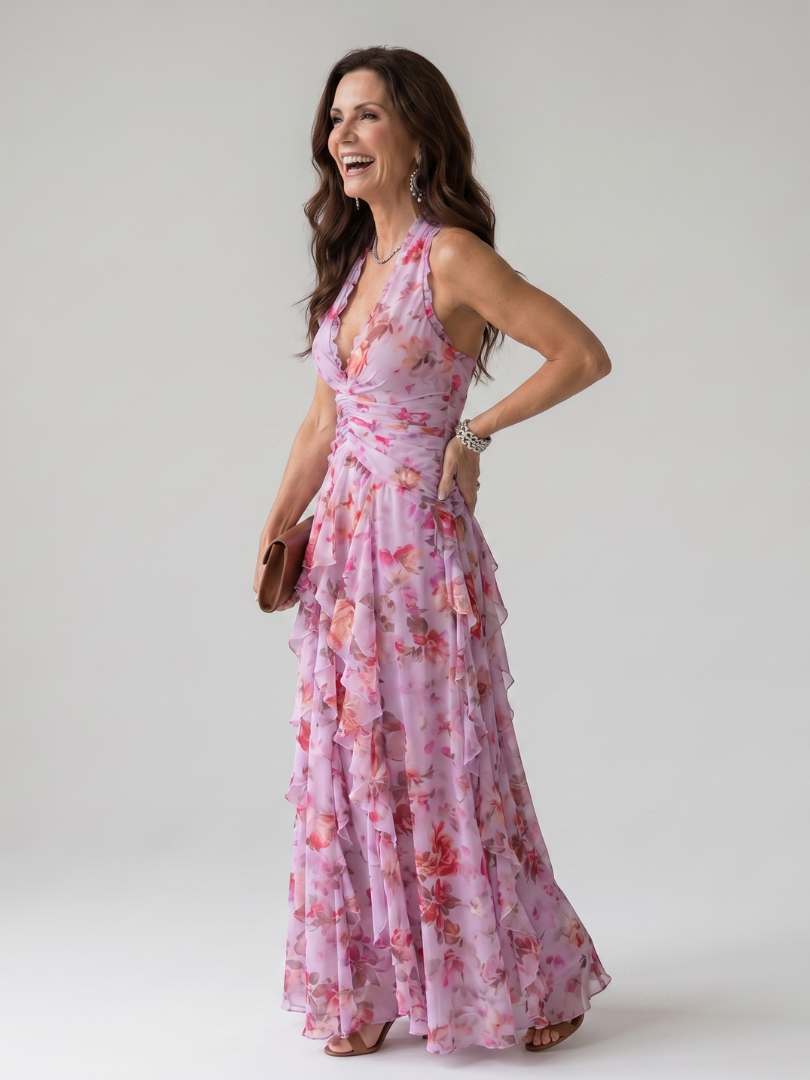Nori | Robe Maxi Halter Corsage Froncé à Imprimé Floral