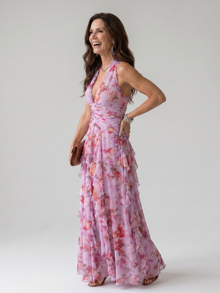 Nori | Robe Maxi Halter Corsage Froncé à Imprimé Floral