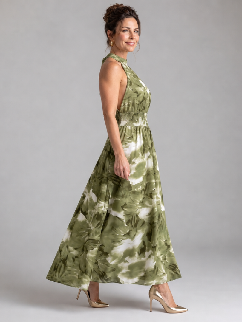 Olivia | Robe Midi Halter Froncée à Imprimé Abstrait