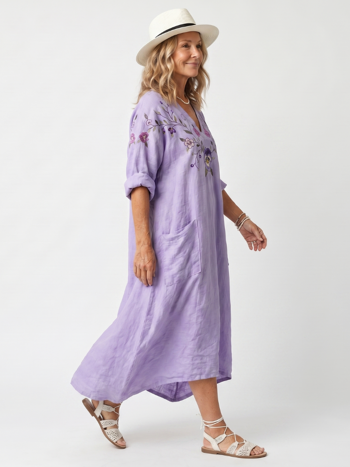 Tavi | Robe Midi Oversize Brodée Fleurs avec Poches