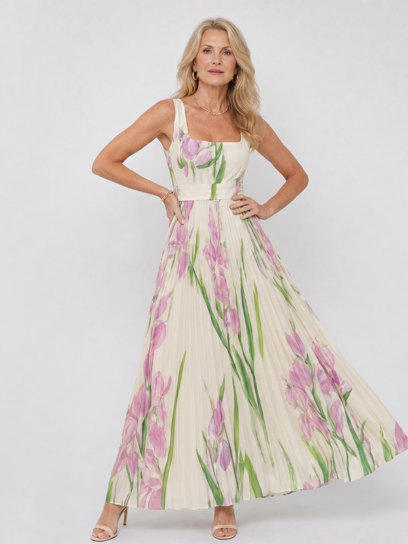 Oriana | Robe midi sans manches à encolure carrée et plis