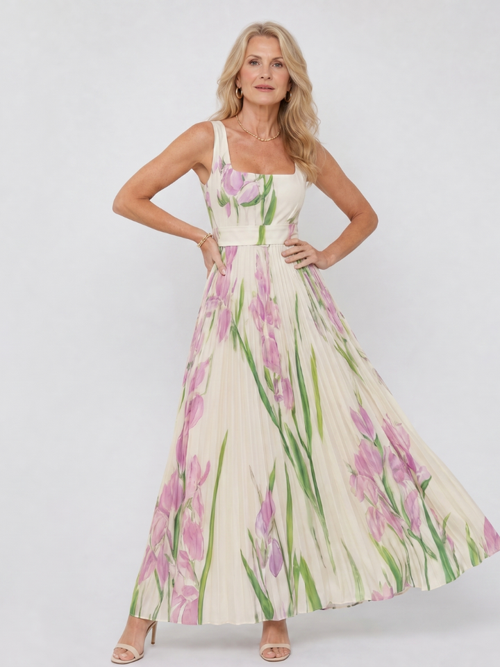 Oriana | Robe midi sans manches à encolure carrée et plis