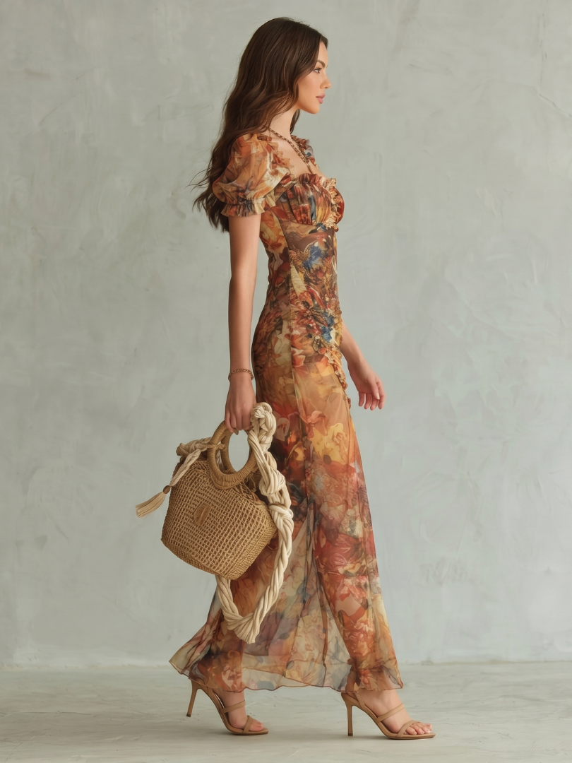 Ciel | Robe Midi Froncée à Manches Volantées et Fente