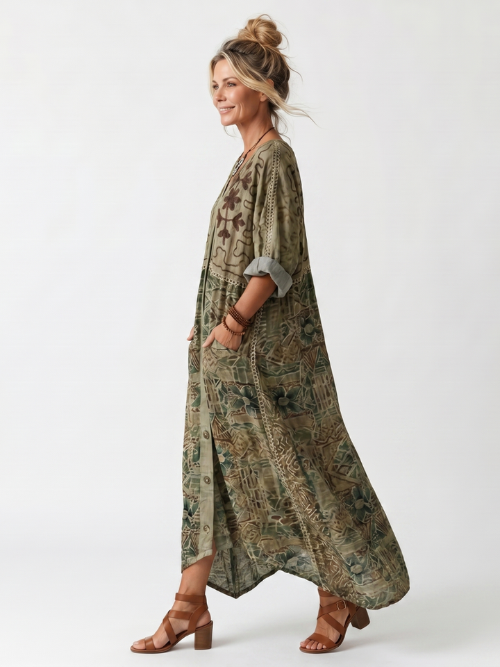 Aleta | Robe Midi Oversize Boutonnée Brodée avec Poches