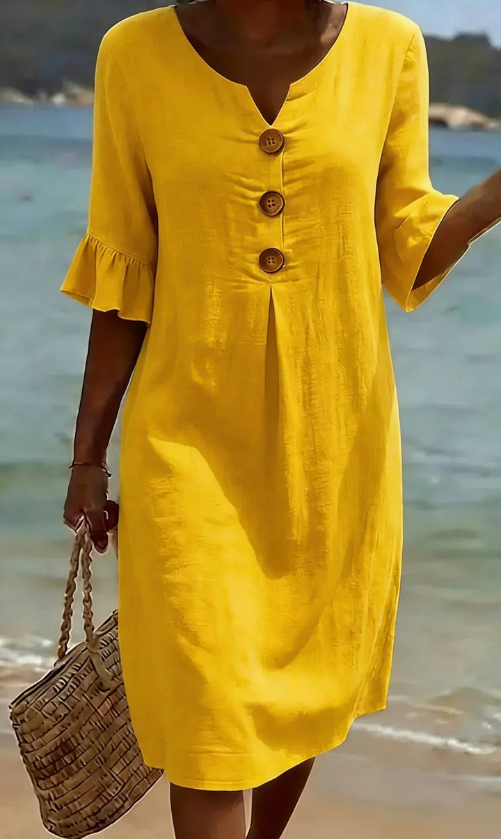 Vanesa™ | Robe en lin texturé à manches bouffantes et boutons