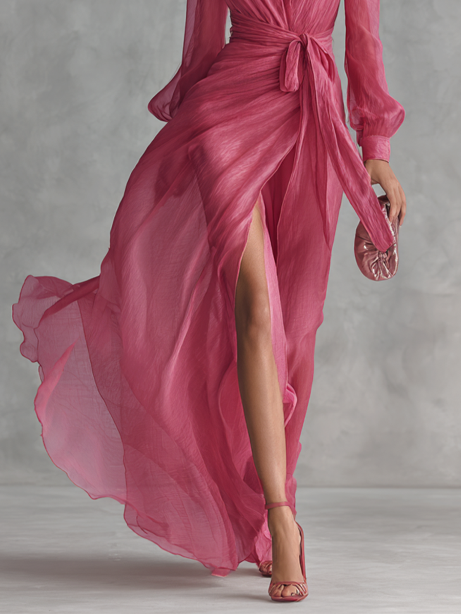 Noemi - Robe Longue en Mousseline Perlée à Décolleté en V