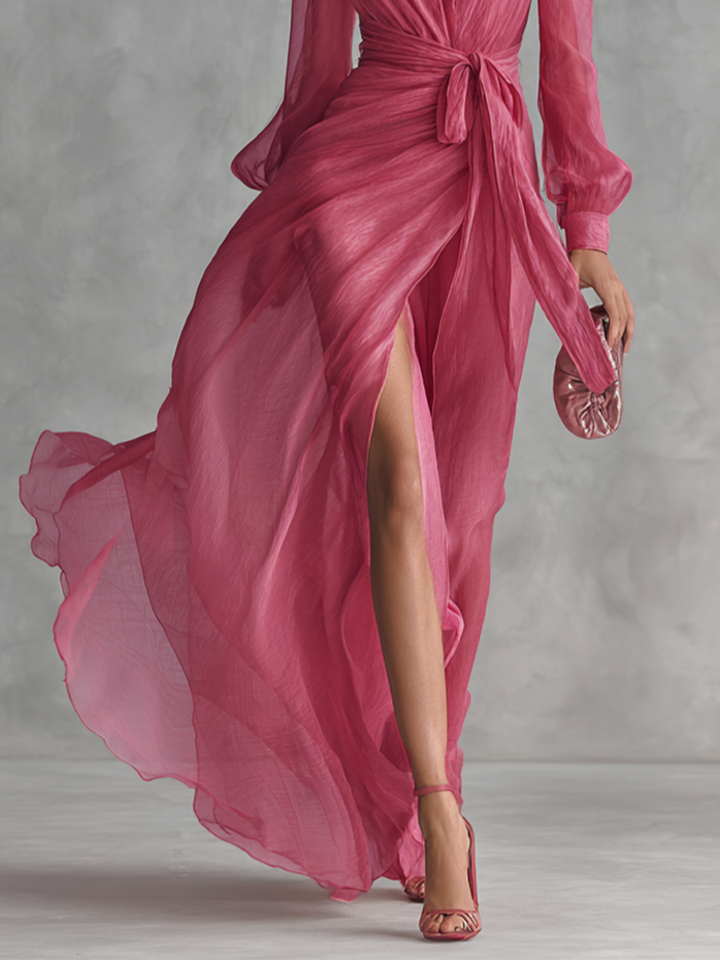 Noemi - Robe Longue en Mousseline Perlée à Décolleté en V