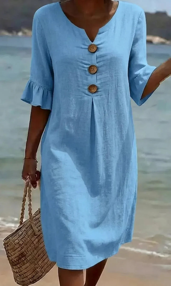 Vanesa™ | Robe en lin texturé à manches bouffantes et boutons