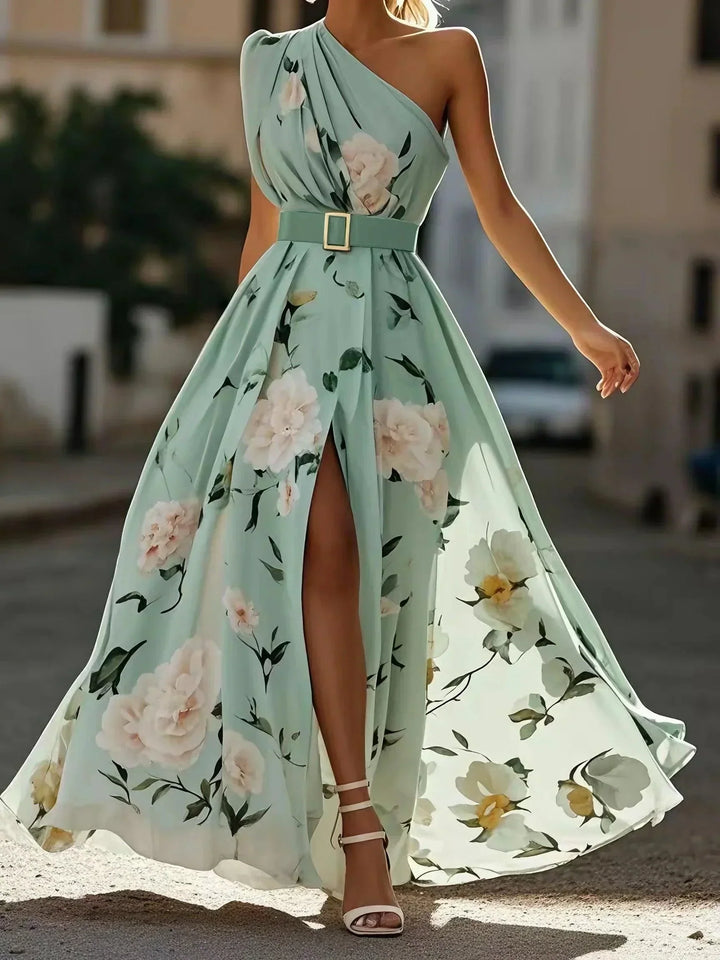 Julie | Robe Maxi Chiffon Florale à Épaules Dégagées Vert Clair