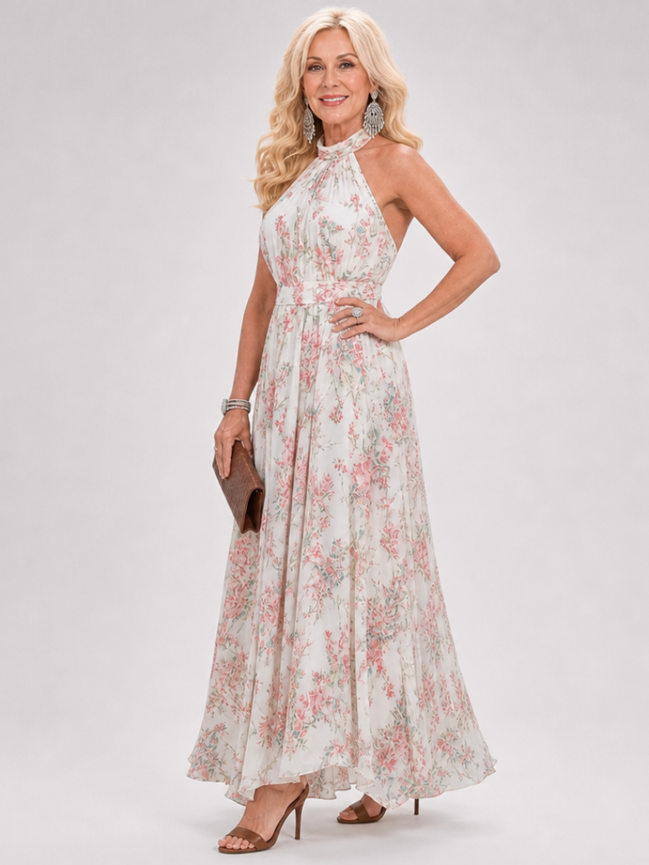 Guinevere | Robe Midi Halter à Jupe Florale Fluide