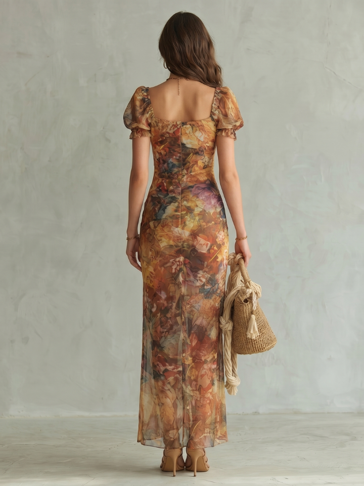 Ciel | Robe Midi Froncée à Manches Volantées et Fente