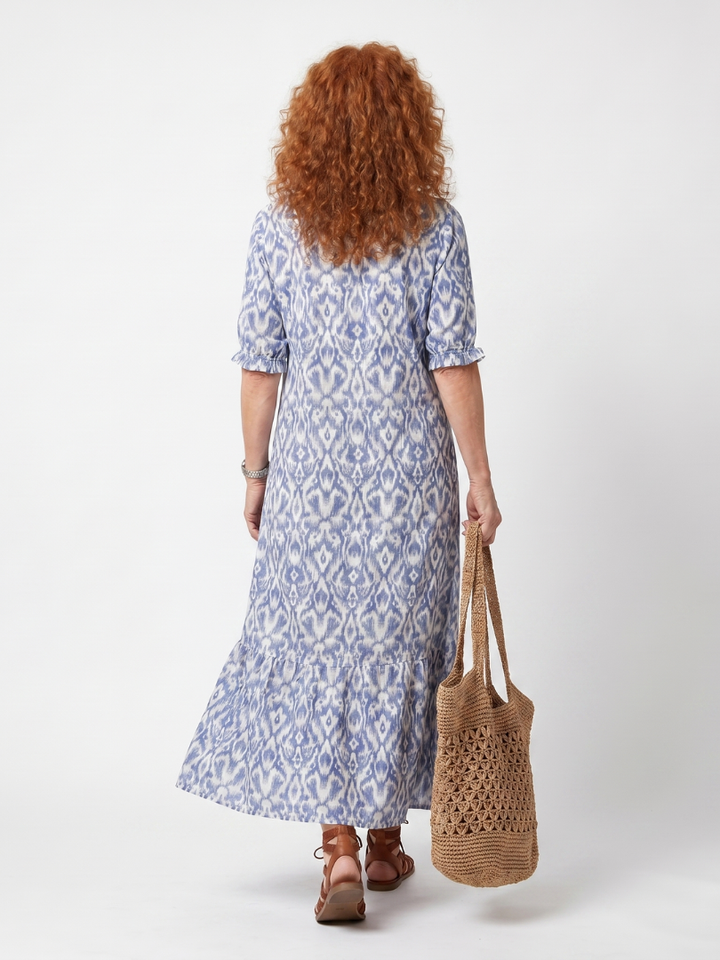 Ottoline | Robe Midi Imprimée à Col Noué avec Pompons