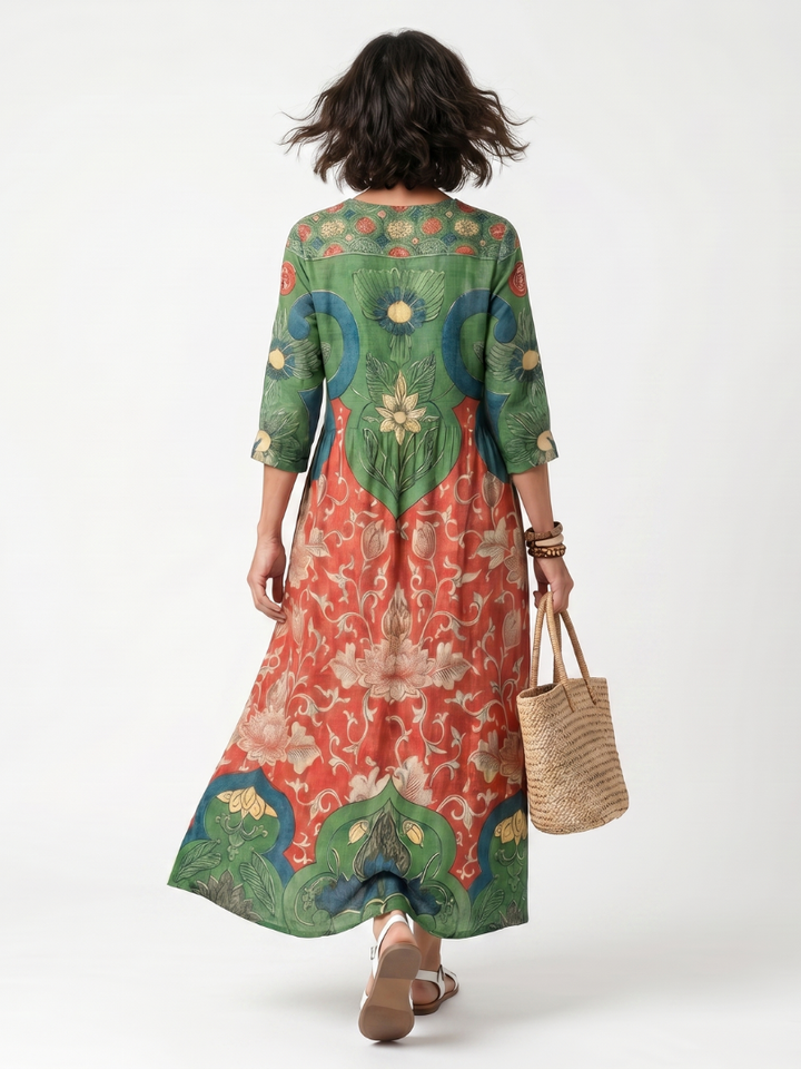 Sloane | Robe Midi à Col V Imprimé Mixte avec Poches