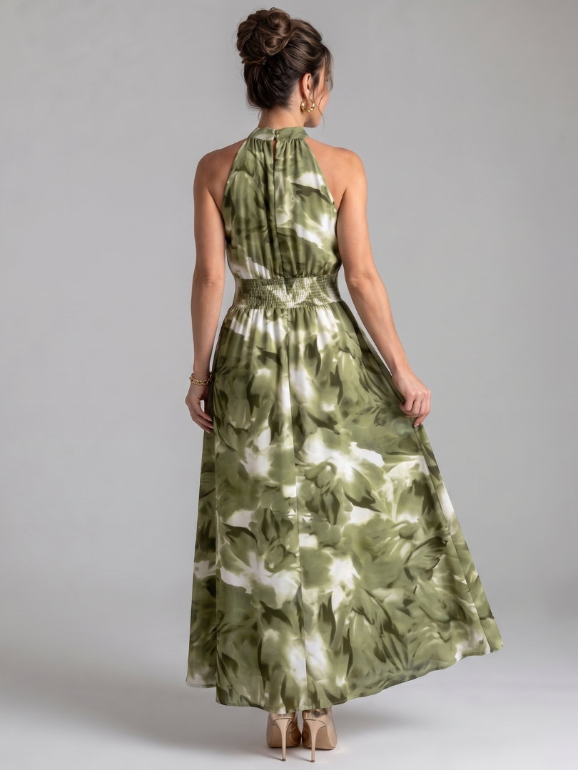 Olivia | Robe Midi Halter Froncée à Imprimé Abstrait