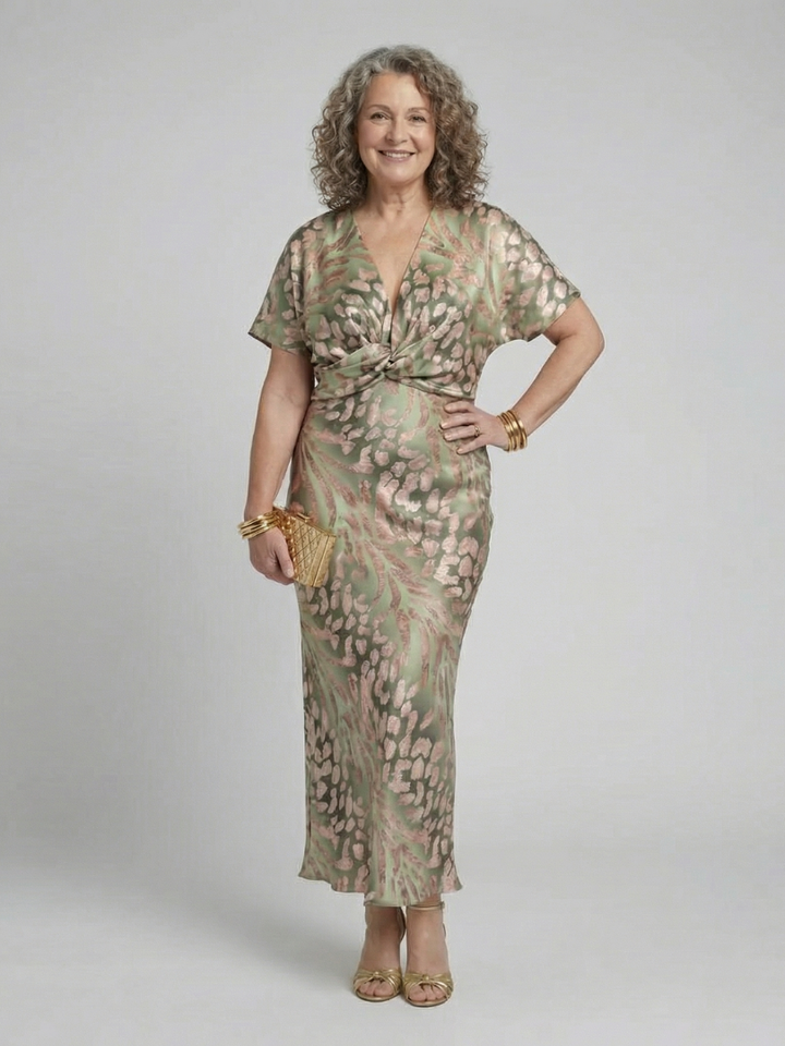 Ellis & Johnson™ | Robe Midi Imprimé Abstrait Col V Taille Torsadée