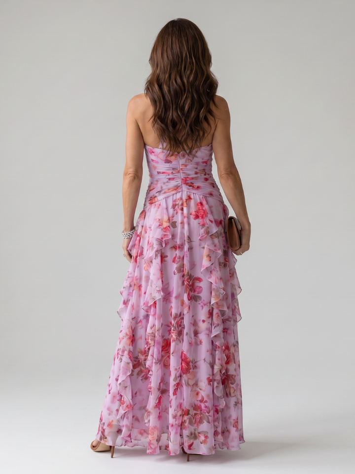 Nori | Robe Maxi Florale Corsage Froncé Encolure Halter