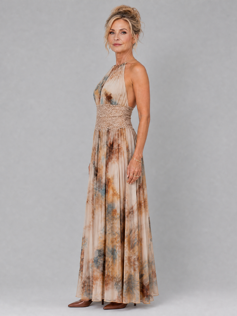 Elavenue | Robe Maxi Halter Taille en Dentelle