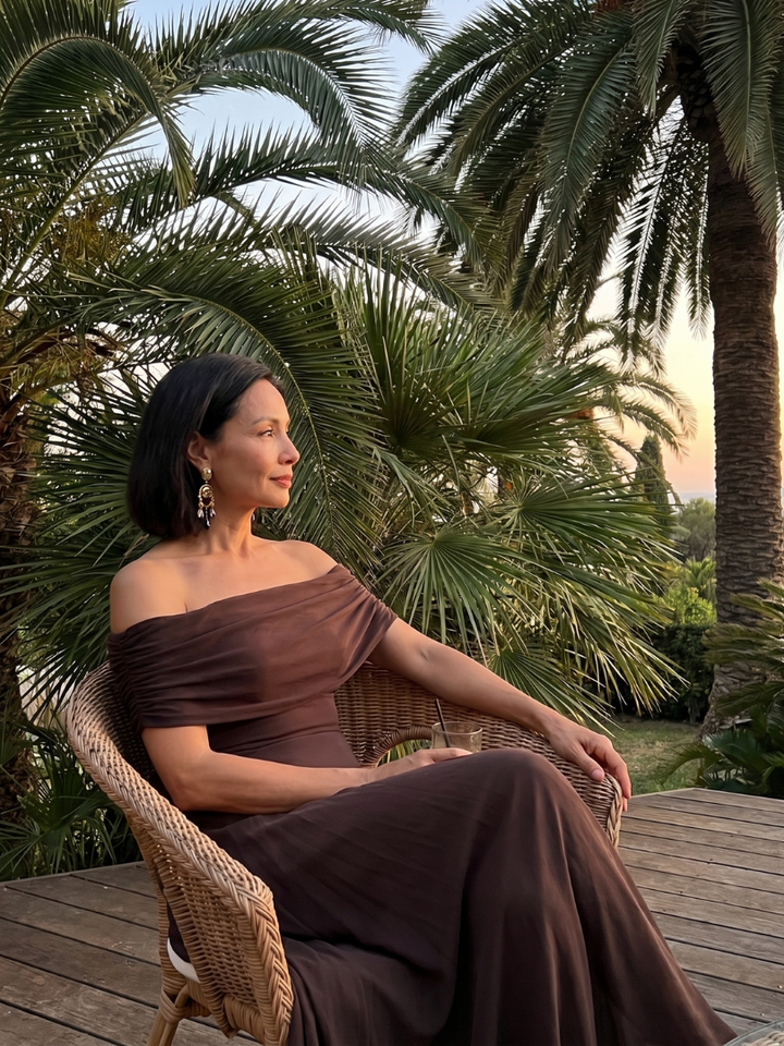 June | Robe Midi Drapée Épaules Dénudées