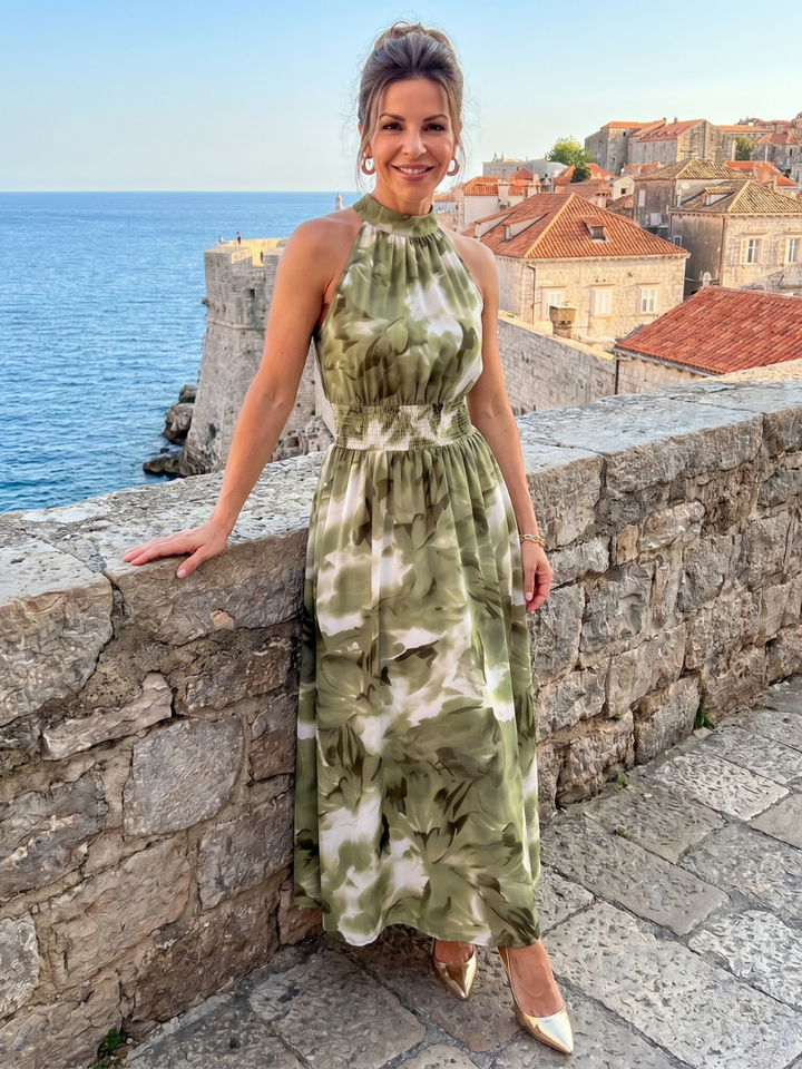 Olivia | Robe Midi Halter Froncée à Imprimé Abstrait