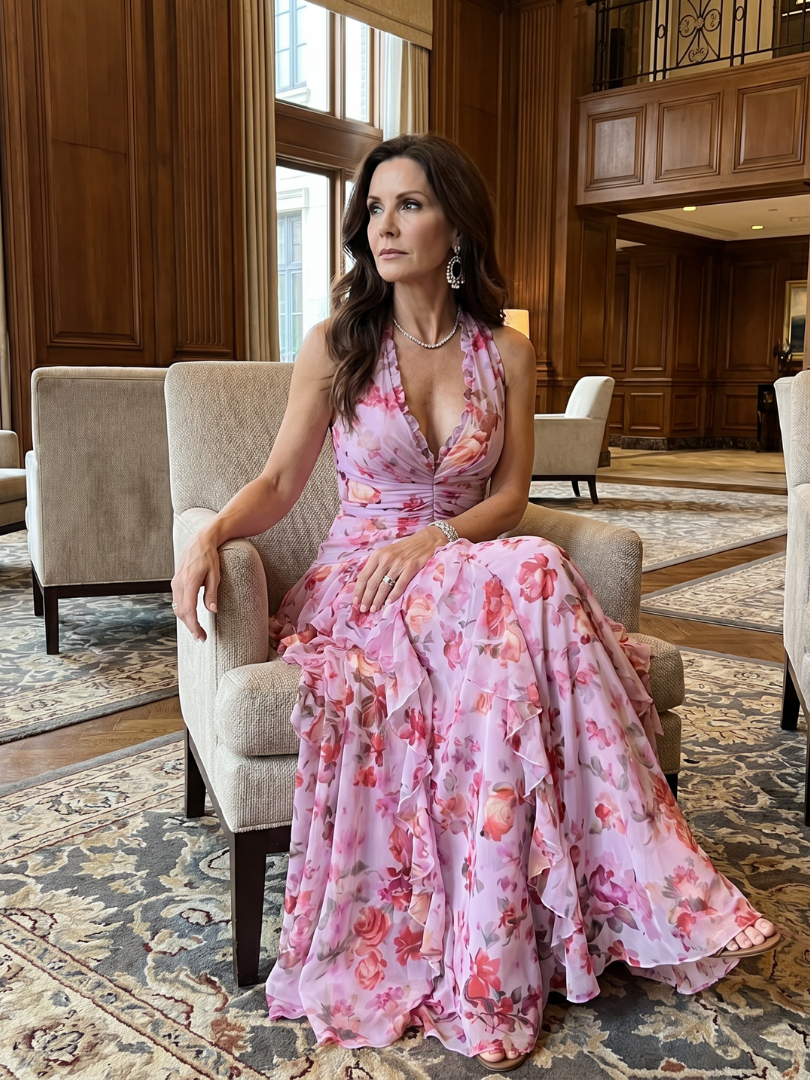 Nori | Robe Maxi Halter Corsage Froncé à Imprimé Floral