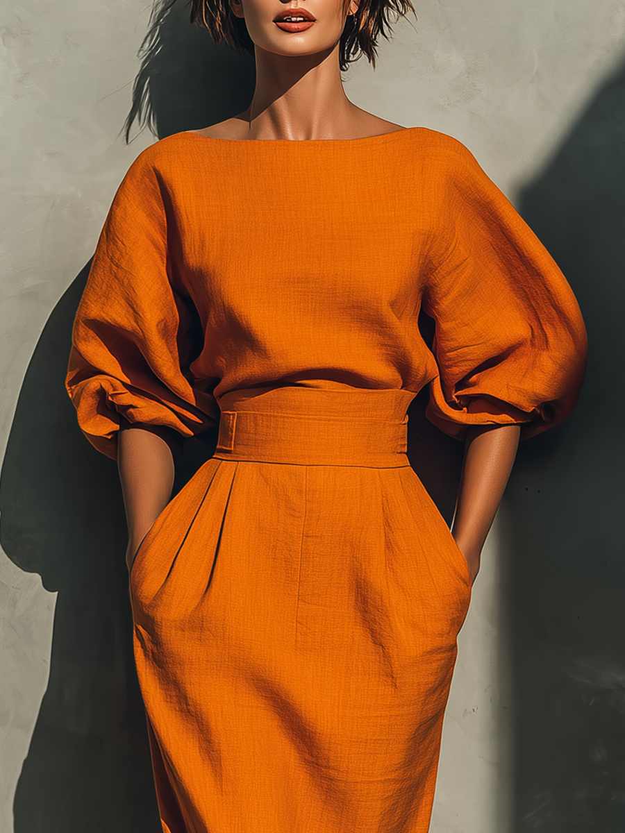 Ensemble Haut Orange Manches Mi-Longues et Jupe Midi