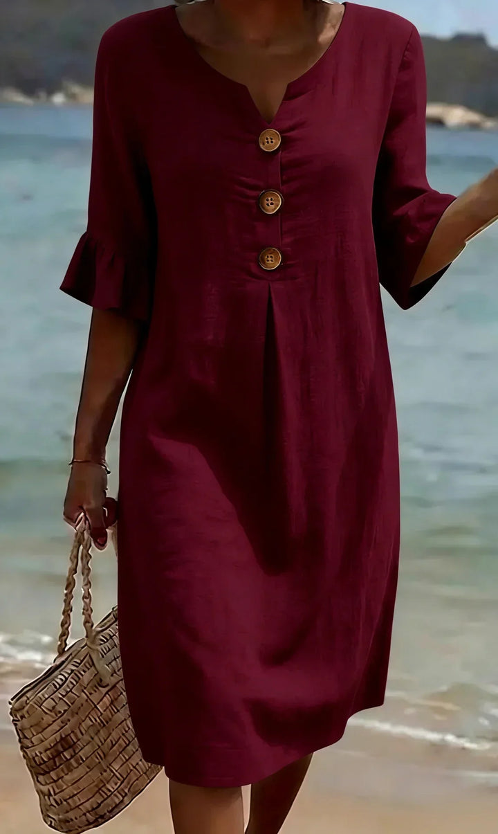 Vanesa™ | Robe en lin texturé à manches bouffantes et boutons