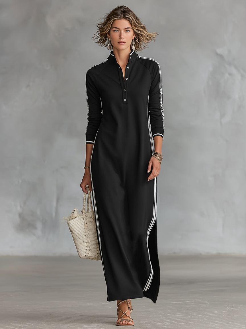 Elena - Robe Maxi en Molleton à Col Boutonné