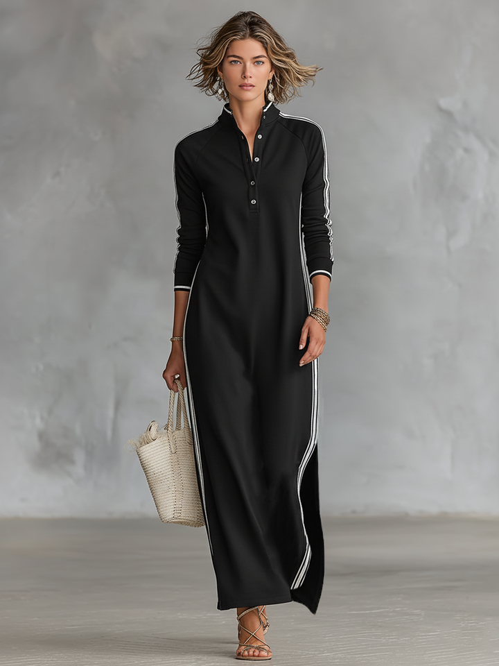 Elena - Robe Maxi en Molleton à Col Boutonné