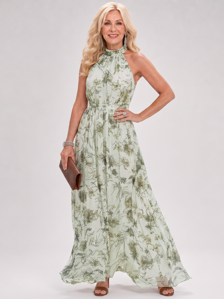 Guinevere | Robe Midi Halter à Jupe Florale Fluide