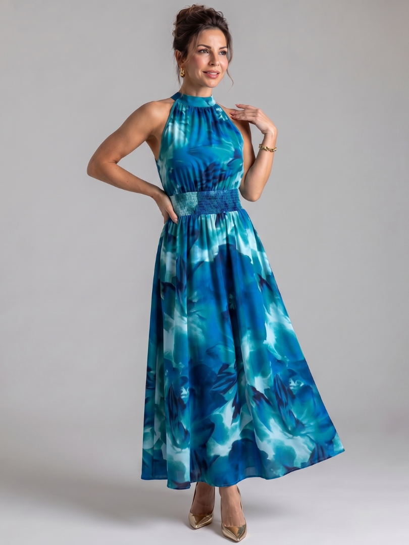 Olivia | Robe Midi Halter Froncée à Imprimé Abstrait