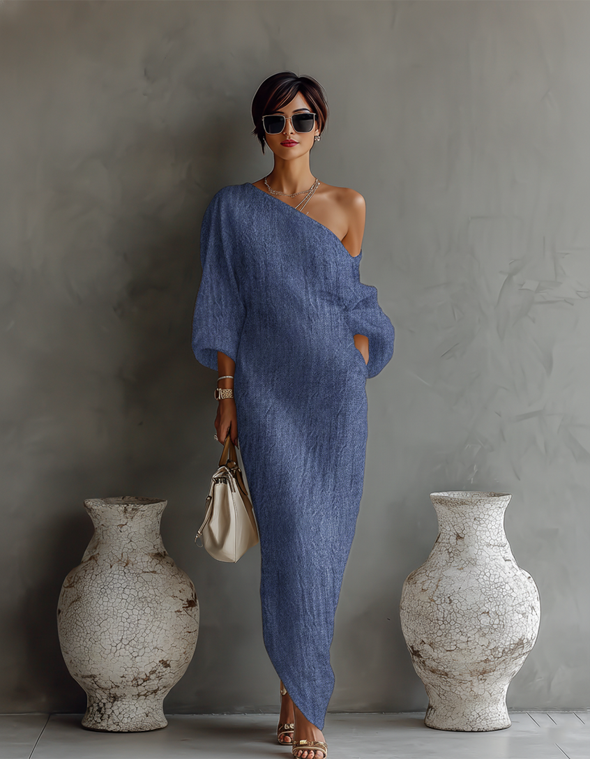 Robe Fluide Élégante Blanc Ivoire aux Épaules Dénudées