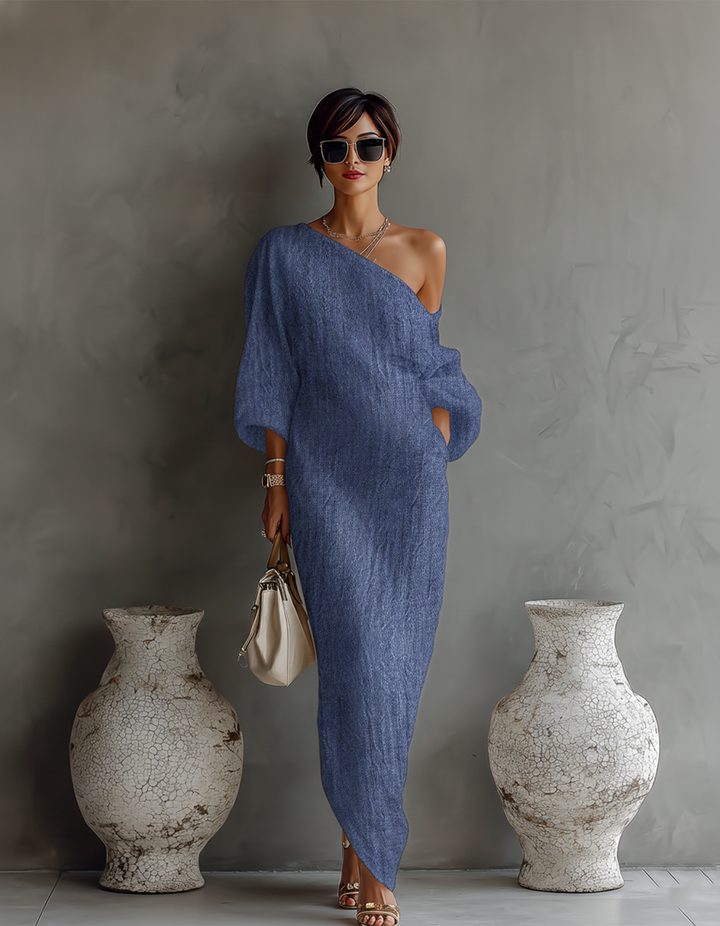 Robe Fluide Élégante Blanc Ivoire aux Épaules Dénudées