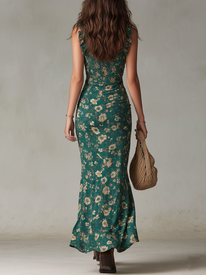 Sara | Robe longue style boho rétro à manches fronces et fente haute
