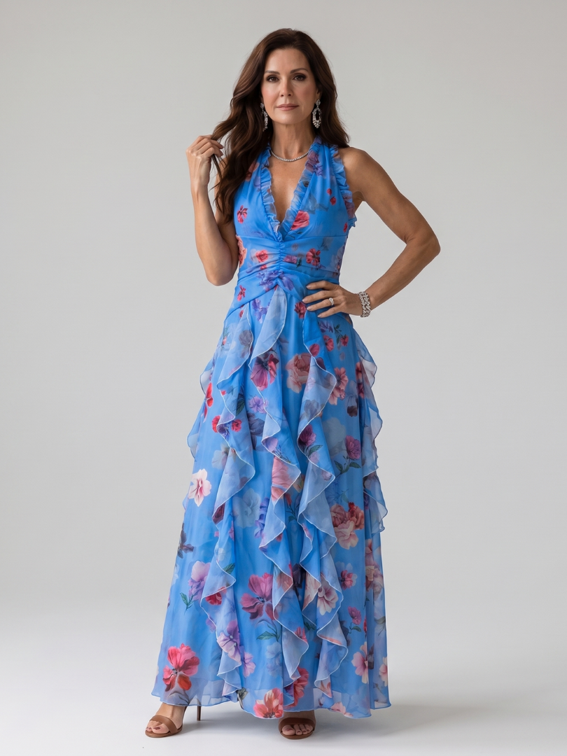 Nori | Robe Maxi Halter Corsage Froncé à Imprimé Floral