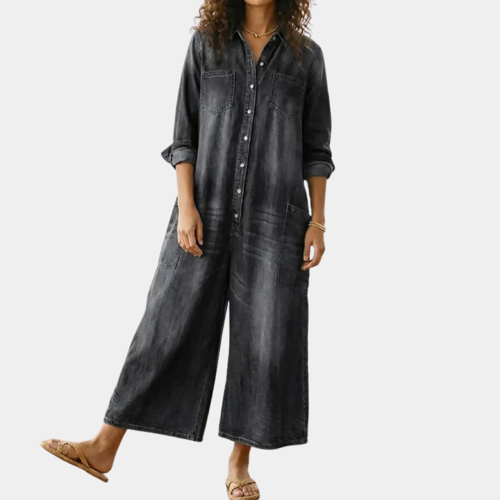 Diana | Combinaison Vintage en Denim Coton Doux Délavé à Boutons