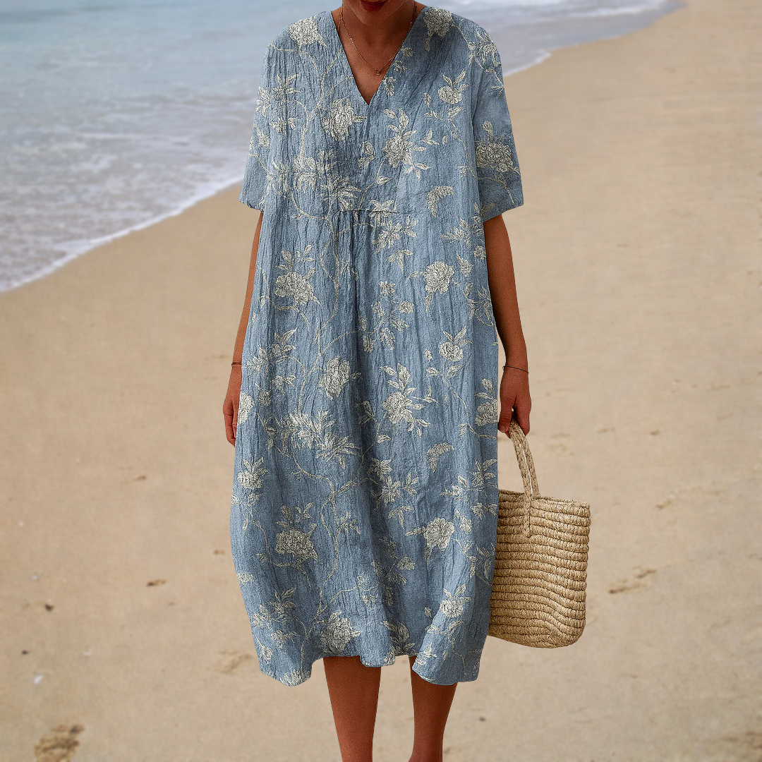 Robe d'Été Violette — col V, imprimé fleuri