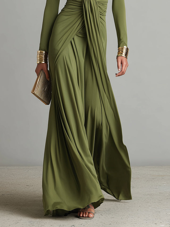 Vittoria - Robe Maxi en Soie Olive à Profond Décolleté en V