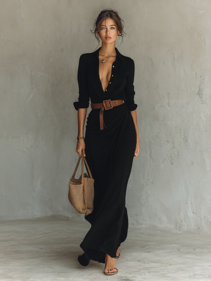 Robe Longue à Col Cranté et Manches Longues pour Femme