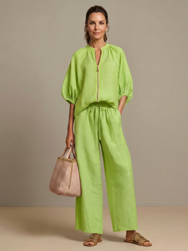 Natalia | Top Blouson avec Zip et Pantalon à Jambe Large